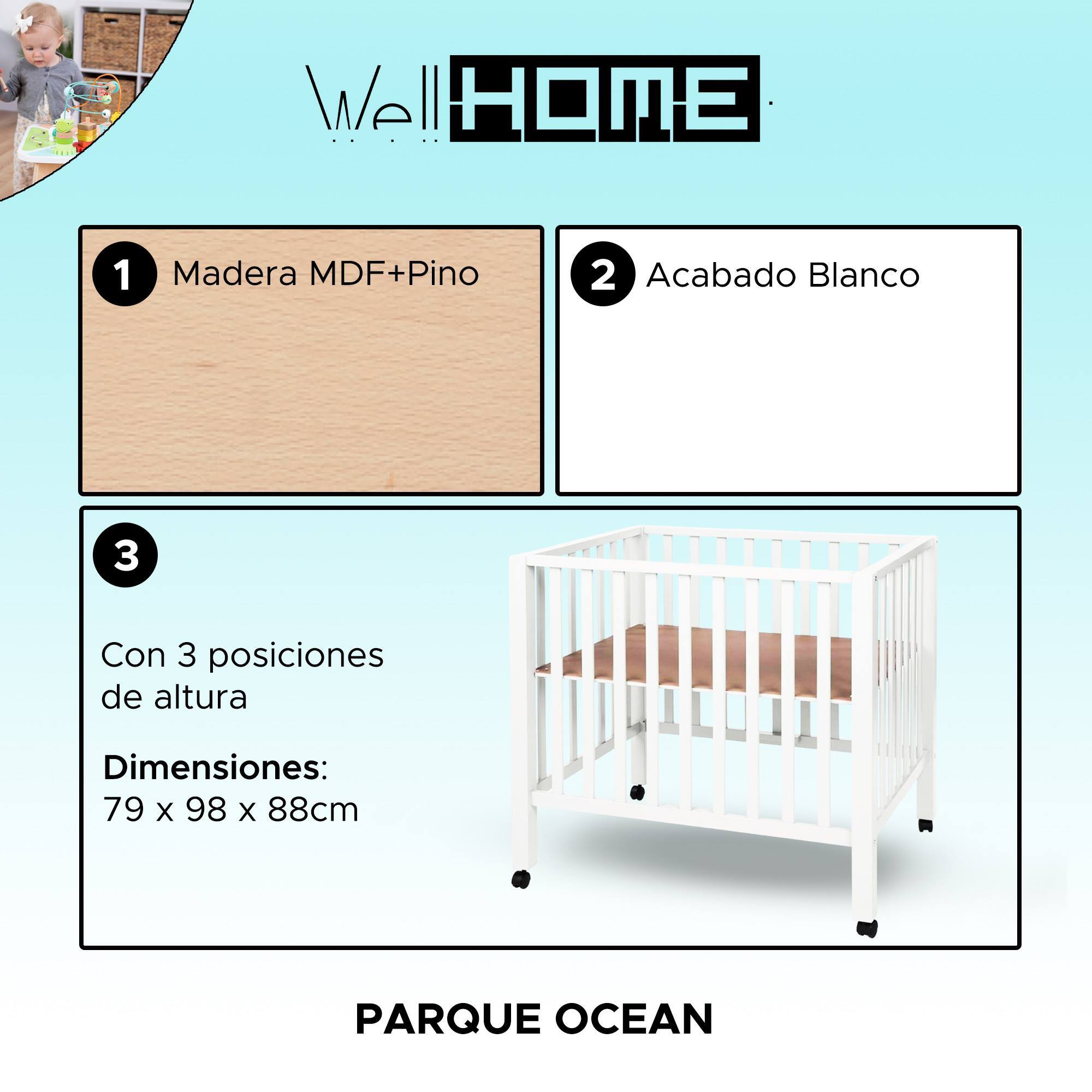 Cuna parque ocean con 3 posiciones de altura blanco - WellHome