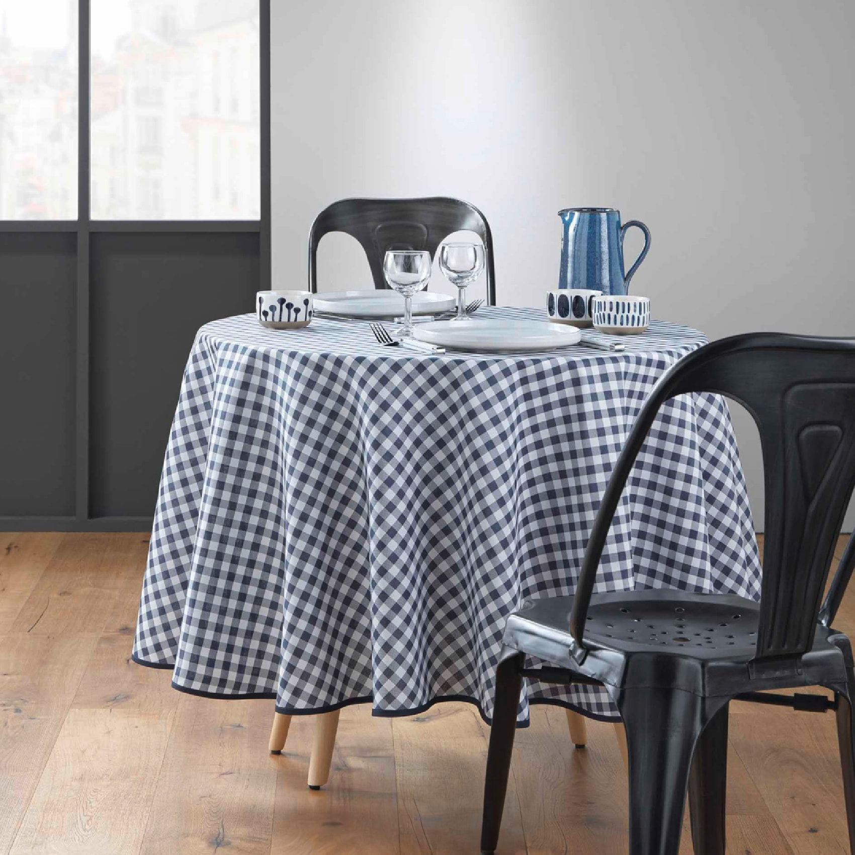 Nappe Ronde Infroissable Vichy Bleu Antitache - Bleu