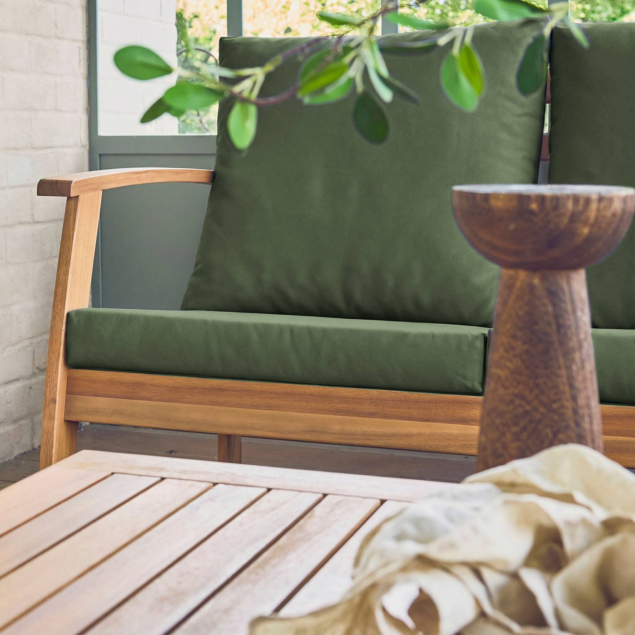 Salon de jardin USHUAIA 5 places kaki en bois d'acacia. un canapé. une table. deux fauteuils