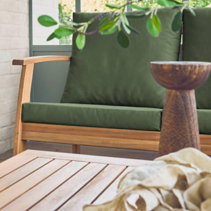 Salon de jardin USHUAIA 5 places kaki en bois d'acacia. un canapé. une table. deux fauteuils