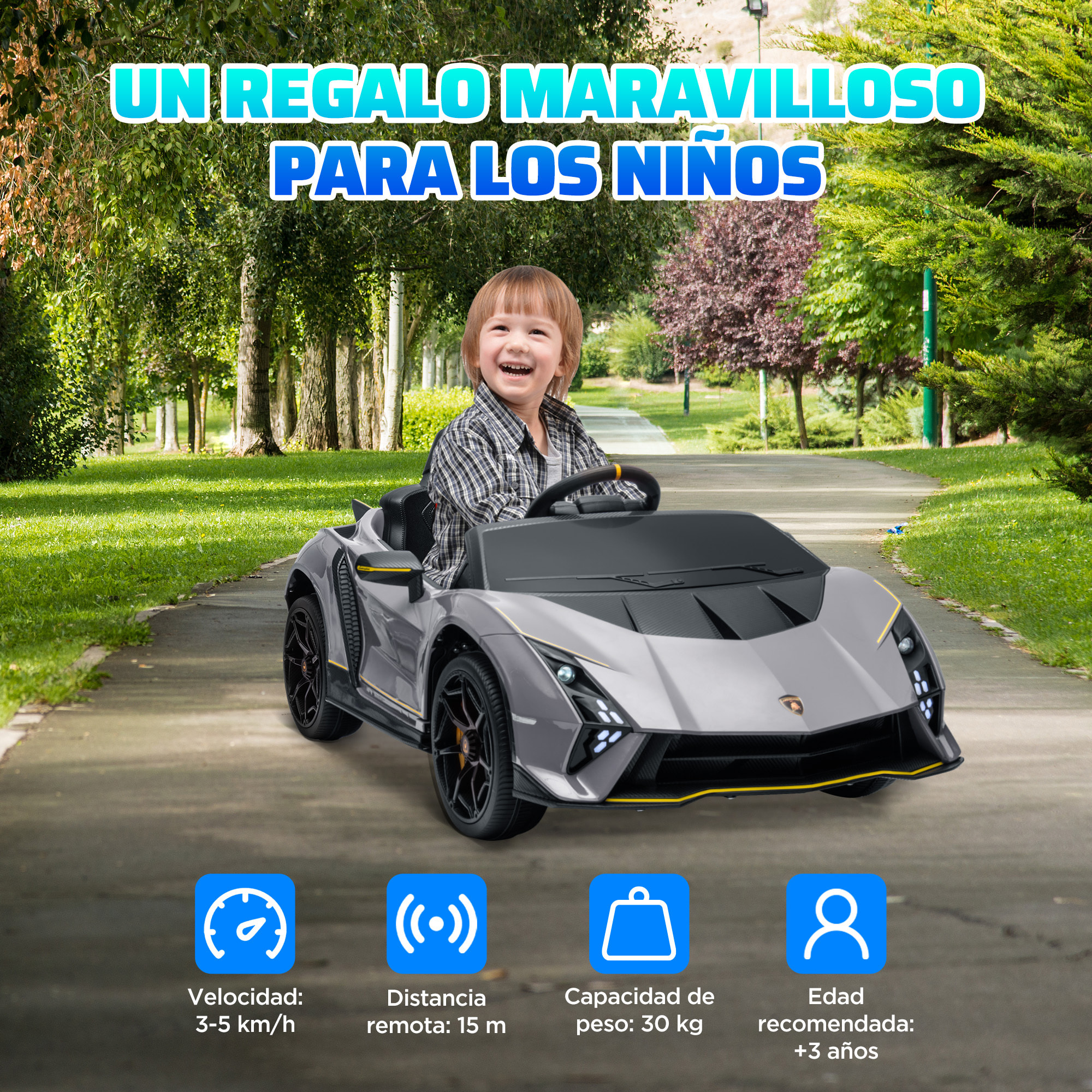 Coche Eléctrico para Niños de +3 Años Lamborghini Autentica Coche Eléctrico con Batería 12V Mando a Distancia Faros Bocina Arranque Suave y Música MP3 Gris