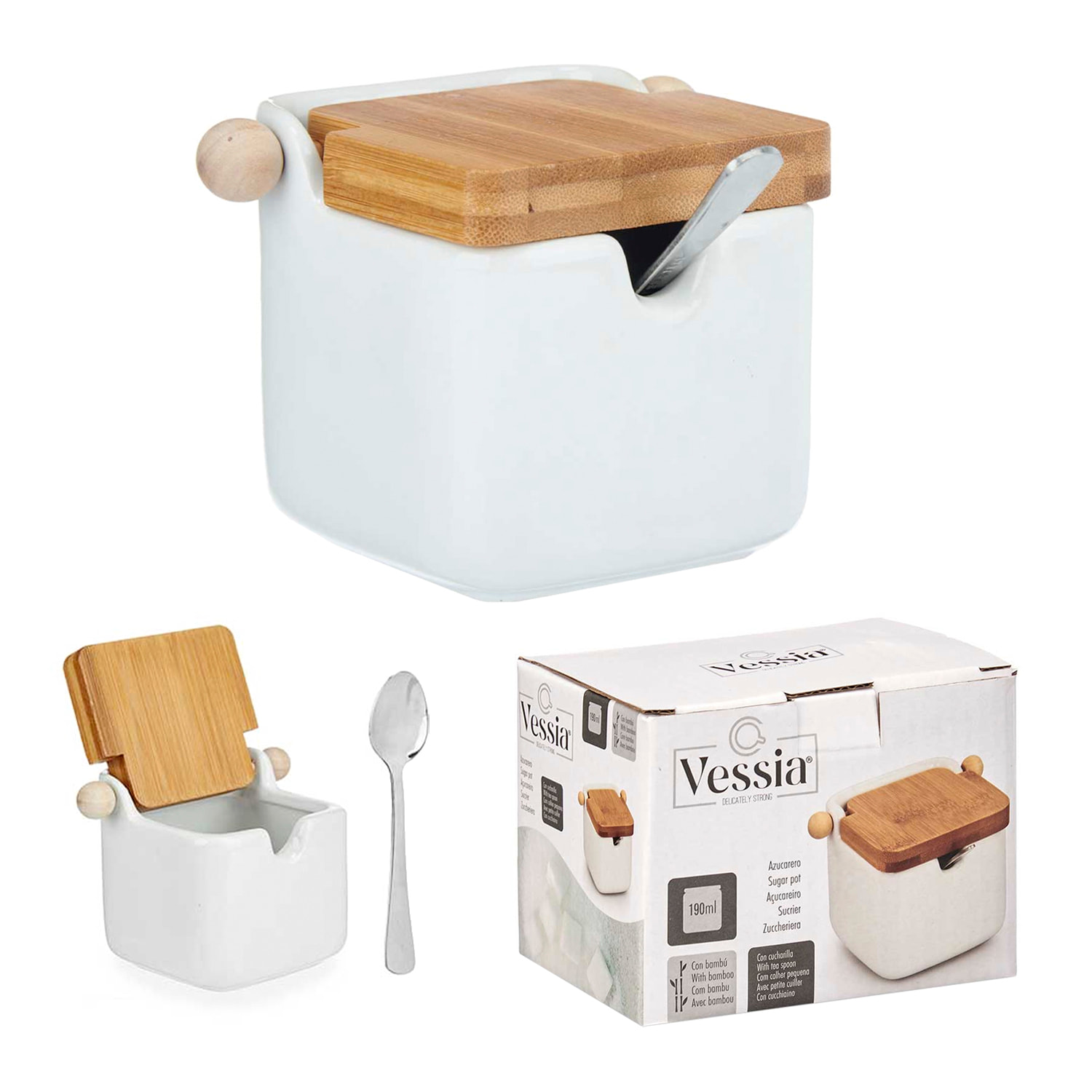 Azucarero de cerámica blanco con tapa de bambú y cucharilla para servir.
