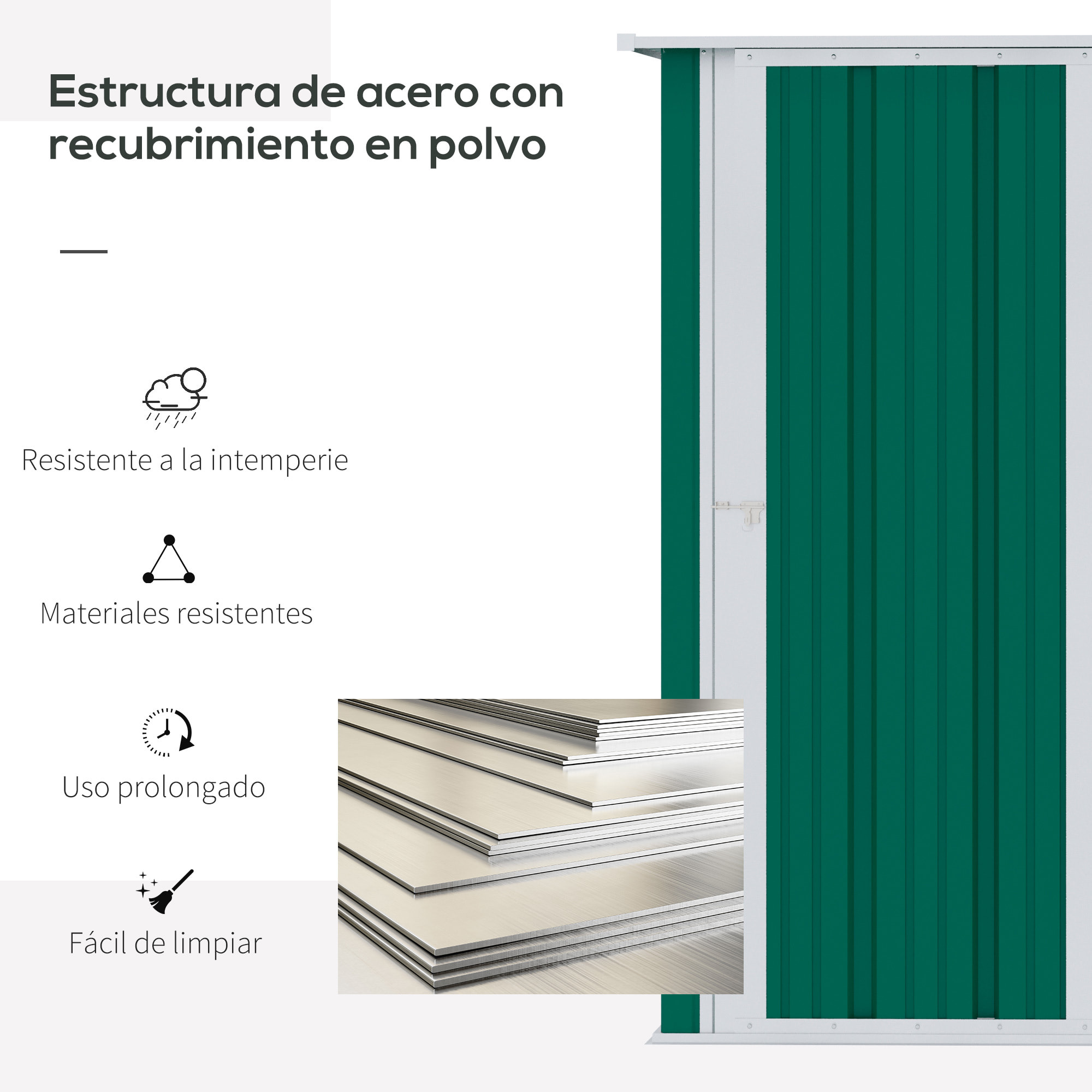 Outsunny Caseta de Jardín 1,07m² 142x84x189cm Acero Galvanizado con Puerta Verde