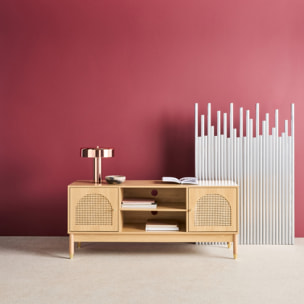Meuble TV décor bois et cannage 2 portes teinte naturelle 140 x 40 x 60 cm - Judith
