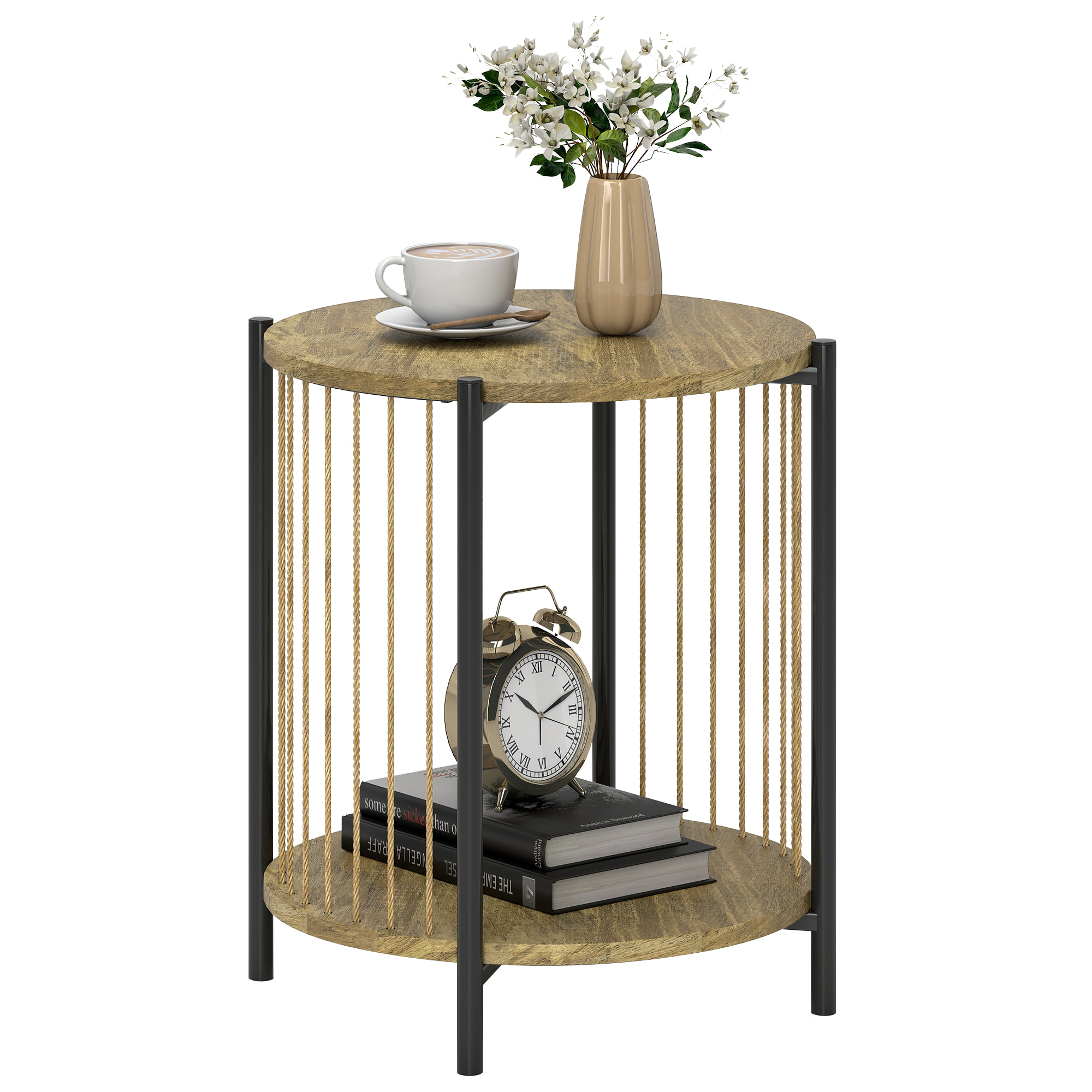 Mesa Auxiliar Redonda de 2 Niveles Mesita Auxiliar Bohemio con Estante y Estructura de Acero para Salón Dormitorio 43,5x43,5x51 cm Natural