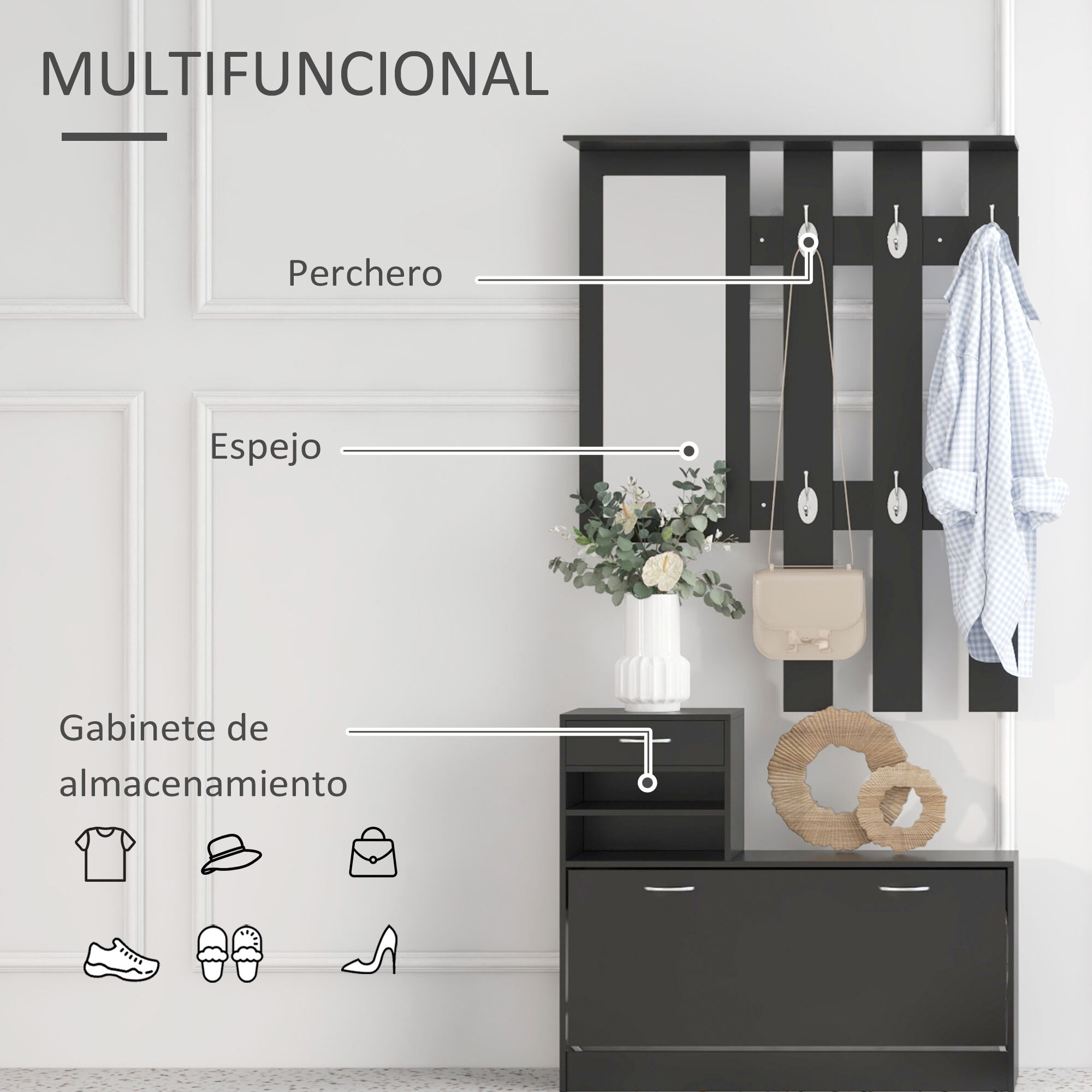 Conjunto de Recibidor de Entrada con Espejo, Perchero y Zapatero, Muebles de Recibidor de 2 Piezas con 6 Ganchos, Estante y Cajón, para Pasillo, Negro