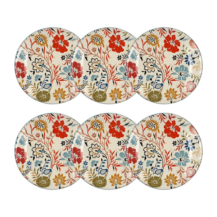 Lot de 6 assiettes plates florales en grès  27cm JAIPUR
