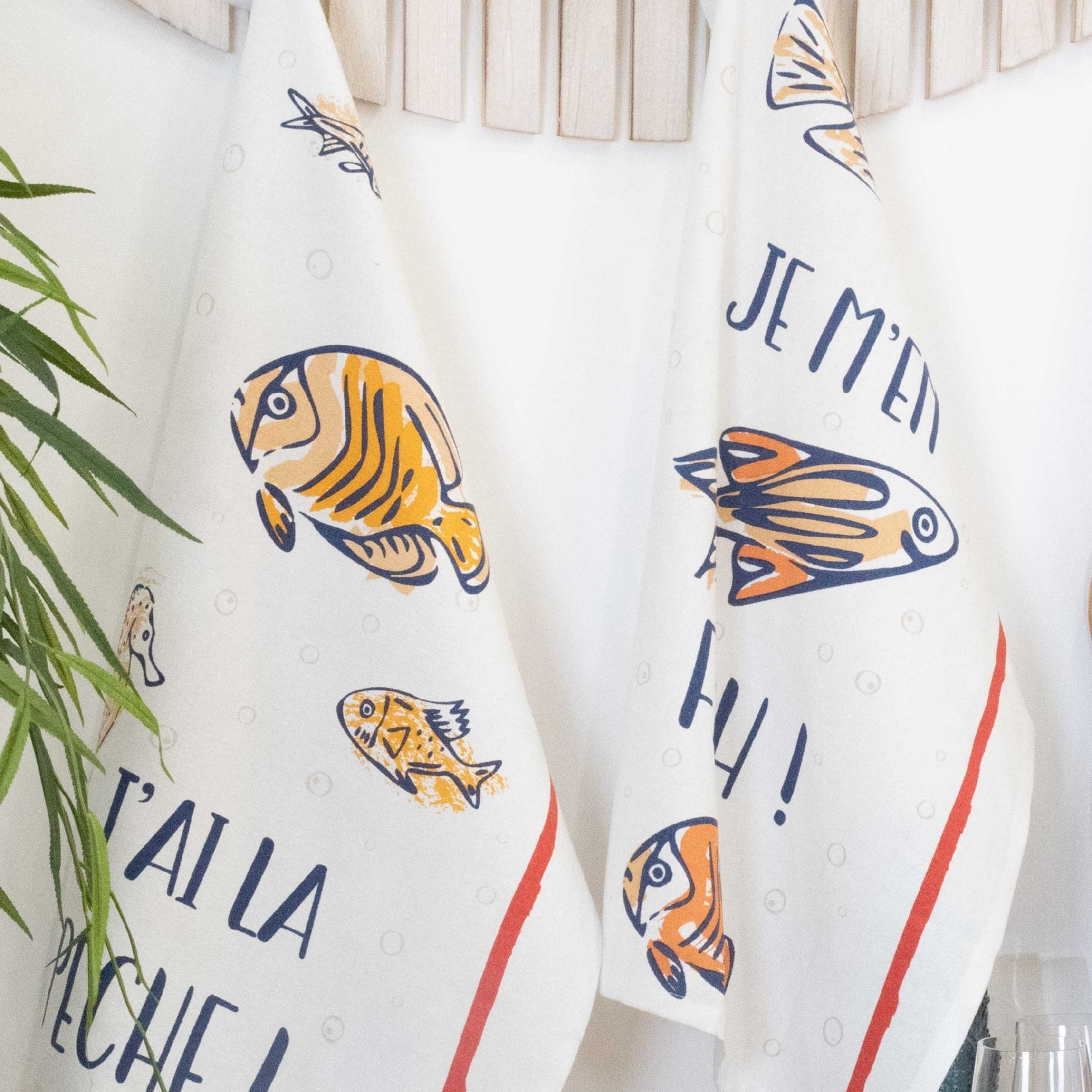 Lot de 3 torchons message poissons en coton - Ecru
