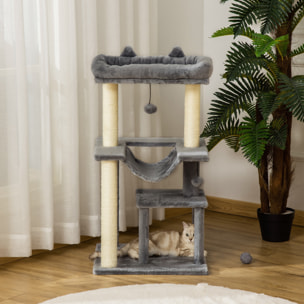 Arbre à chat H.90cm - griffoirs, plateforme d'observation, niche, hamac, boules suspendues - gris