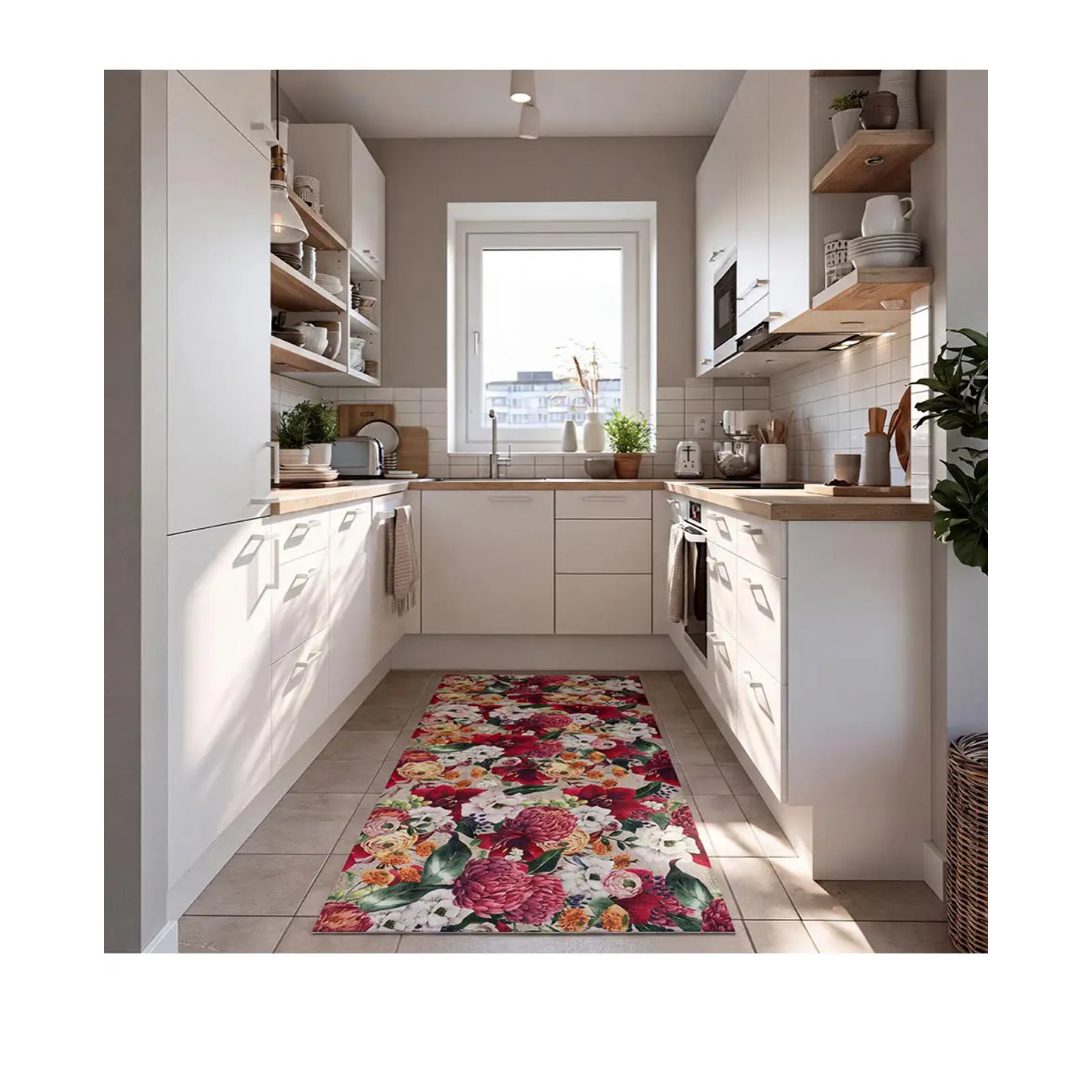 RICCI Alfombra vinílica de cocina dibujos con flores en rojo, varias medidas disponibles.