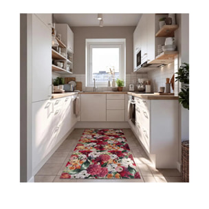 RICCI Alfombra vinílica de cocina dibujos con flores en rojo, varias medidas disponibles.