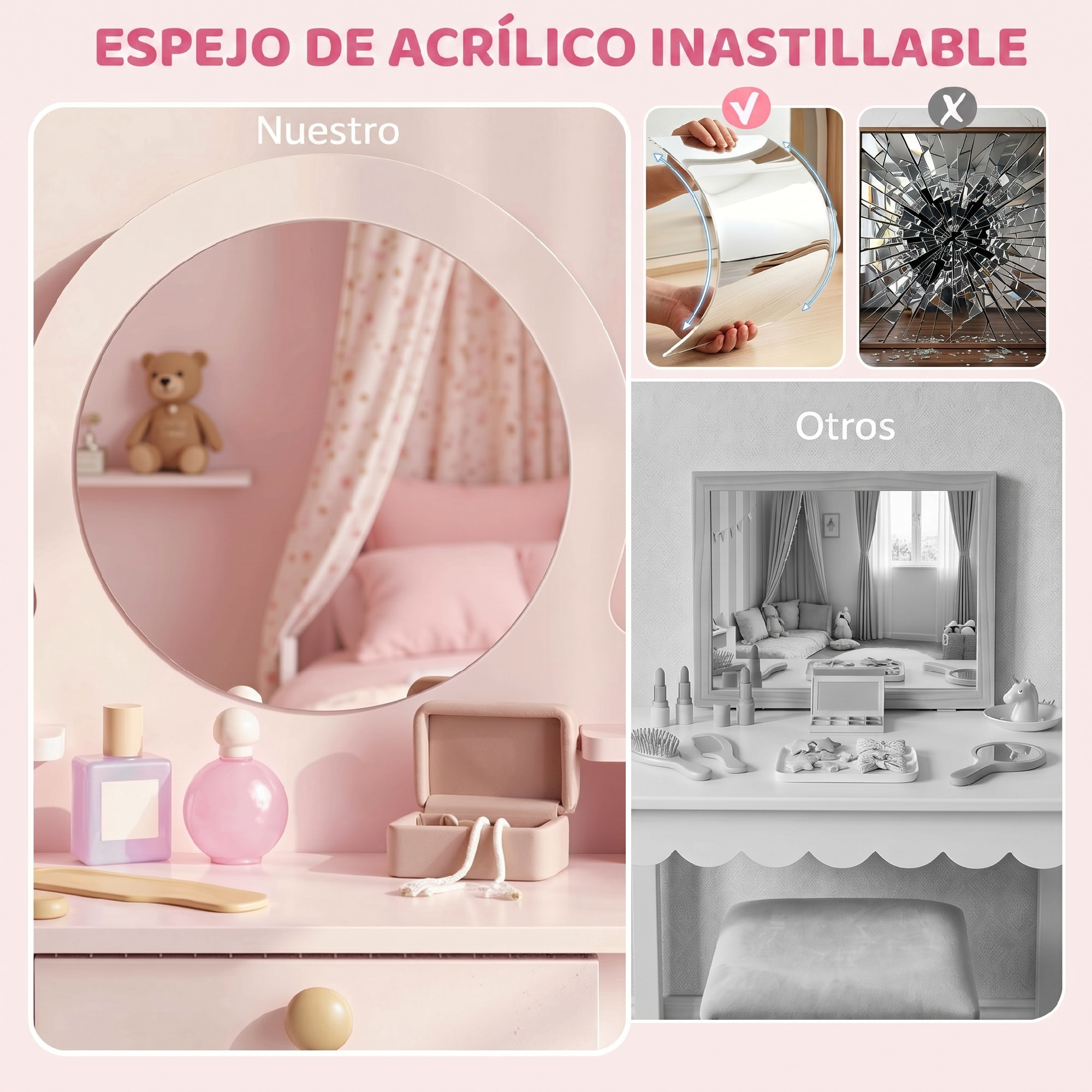 Tocador de Maquillaje Niña, Tocador Infantil con Taburete y Espejo, Cajón y 2 Estantes Abiertos, para Niños de 3 a 6 Años, Rosa