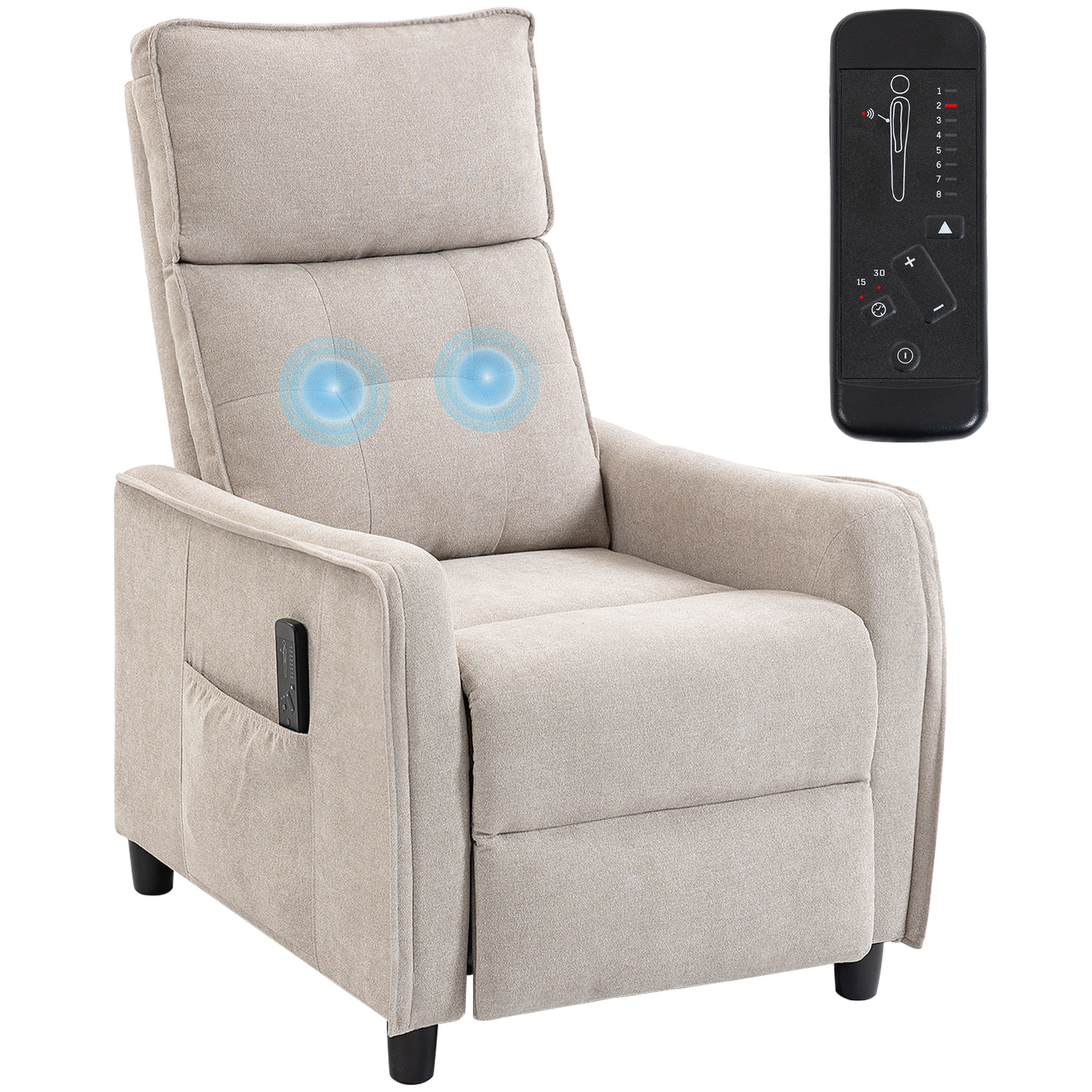 Sillón de Masaje, Sillón Relax Reclinable 160° con Mando a Distancia, Reposapiés, 2 Zonas de Masaje, Asiento de Muelles, Bolsillos, Tapizado en Lino Transpirable para Salón, 69x93x104 cm, Crema