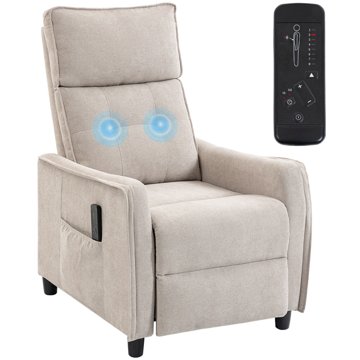 Sillón de Masaje, Sillón Relax Reclinable 160° con Mando a Distancia, Reposapiés, 2 Zonas de Masaje, Asiento de Muelles, Bolsillos, Tapizado en Lino Transpirable para Salón, 69x93x104 cm, Crema