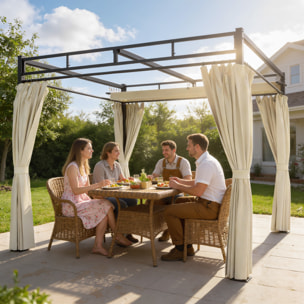 Pergola 3x3m toit rétractable 4 rideaux UV30+ métal noir beige