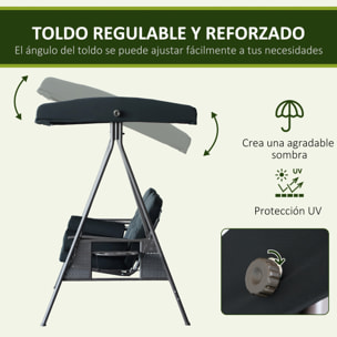 Columpio de Jardín Exterior de 3 Plazas Balancín de Jardín Exterior con Toldo Ajustable Bandejas Laterales 2 Almohadas y Marco de Metal Carga 360 kg 208x121x172 cm Negro