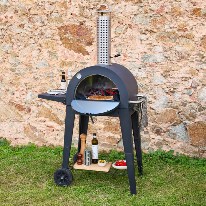 Four à pizza d'extérieur au charbon de bois. coloris noir - Giulia - pierre de cuisson roulette pelle et housse. L70xP63xH122cm