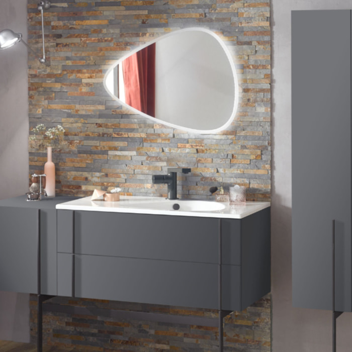 Meuble vasque Nouvelle Vague gris brillant + colonne + miroir + pied