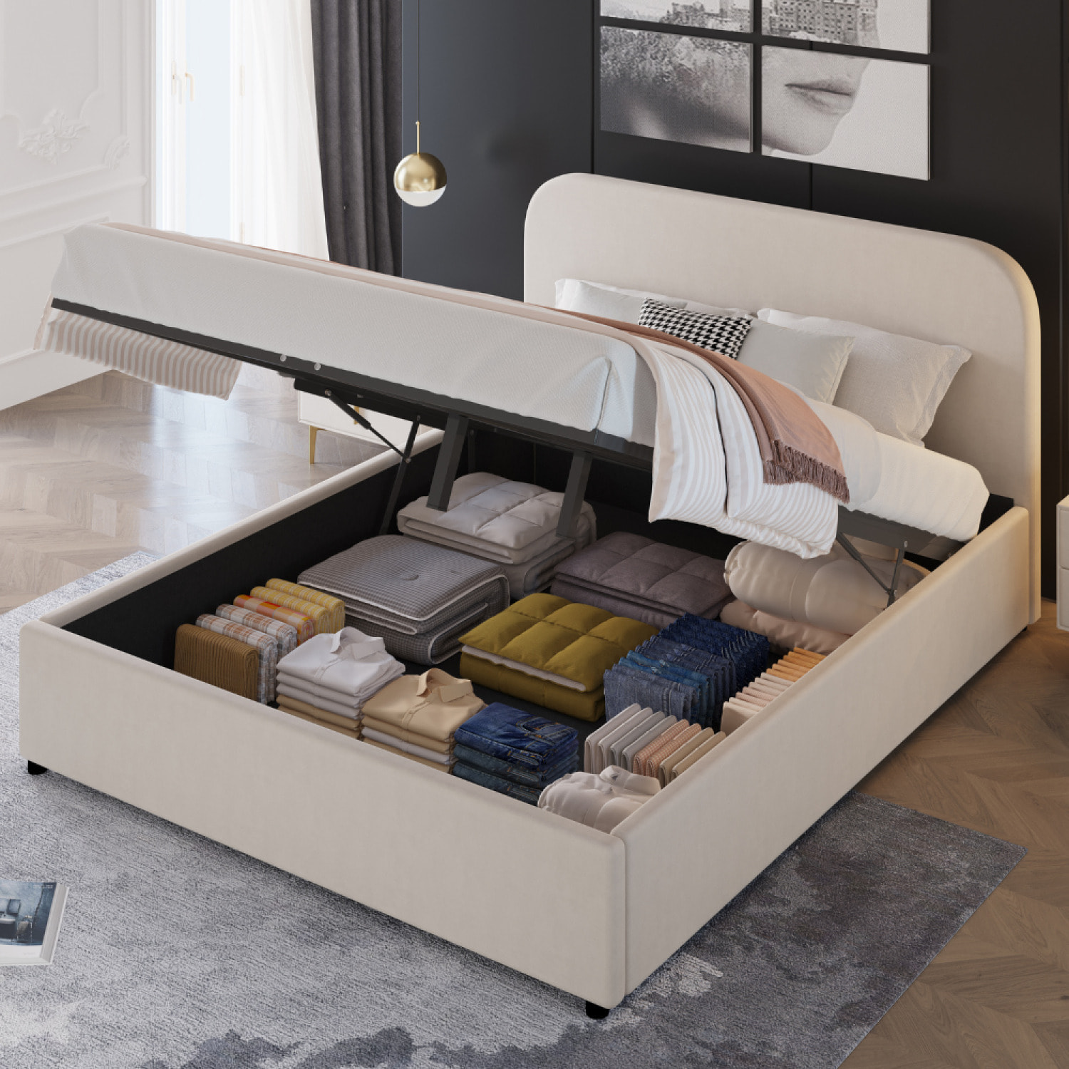 MENDOZA Lit avec coffre de rangement 160x200cm velours beige