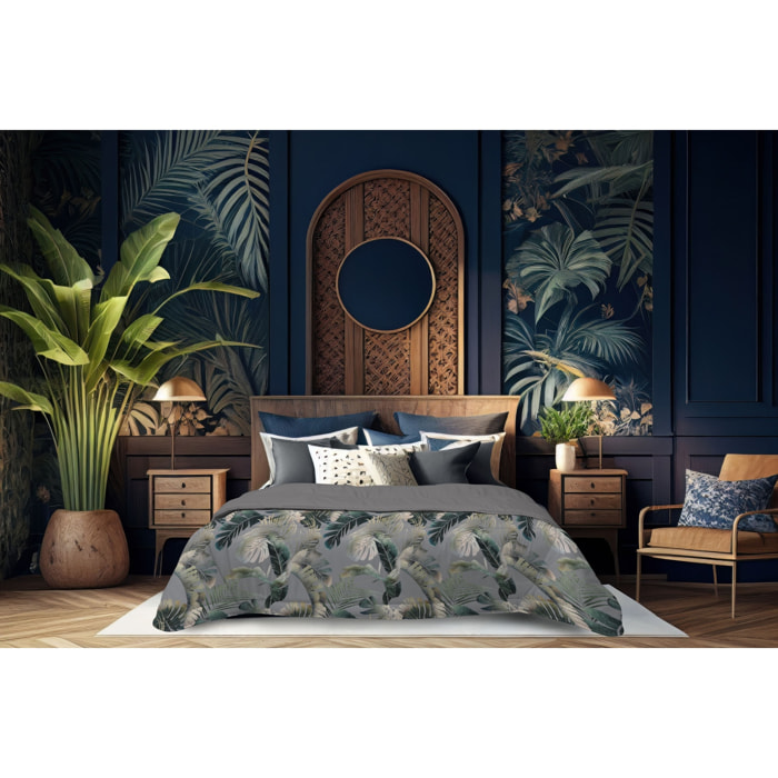 TRAPUNTA INVERNALE VELLUTO LETTO MATRIMONIALE DIS.FOGLIE GRIGIO 350 GR/MQ MADE IN ITALY