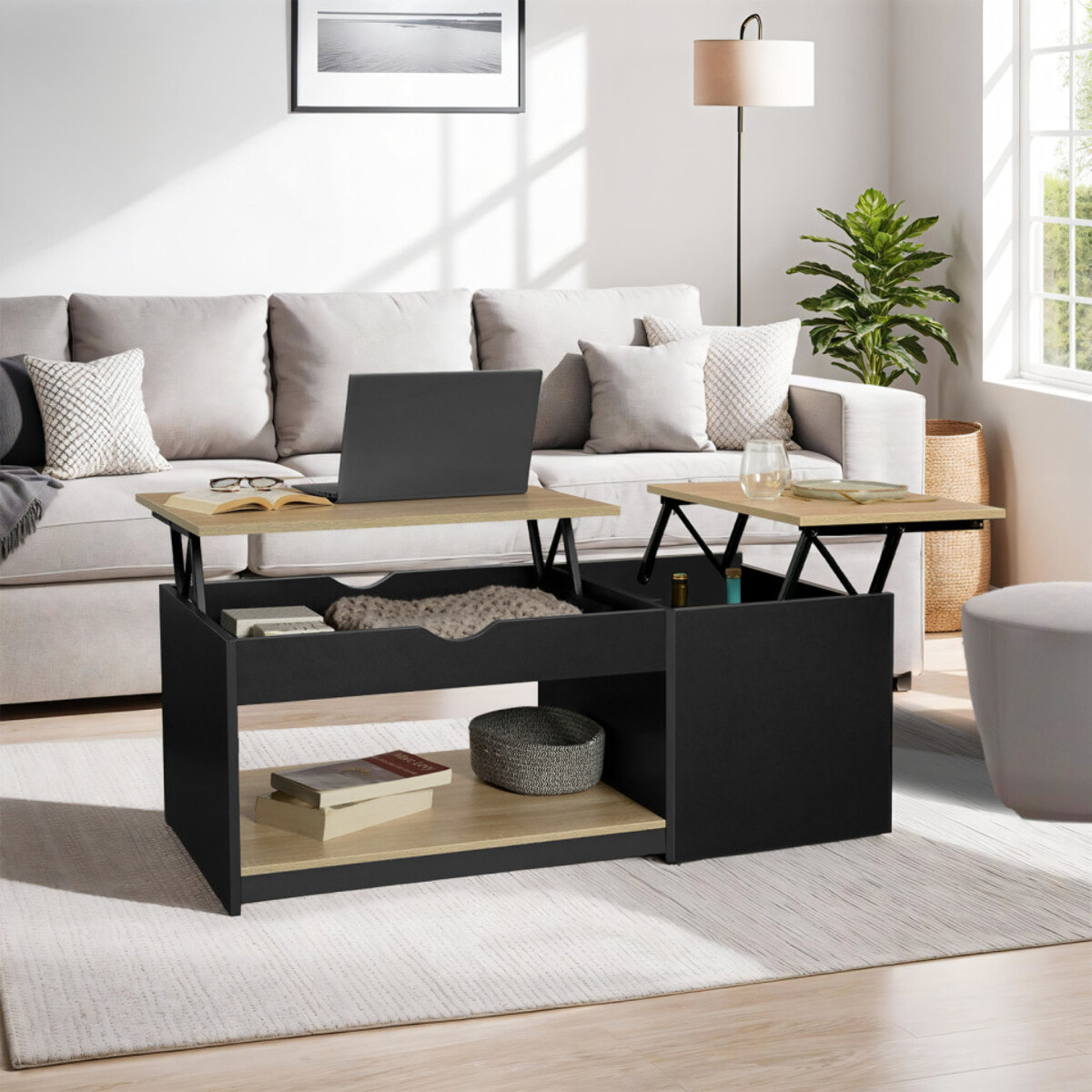 Table basse Elina avec double plateau relevable et coffre latéral L110cm - Bois - Noir