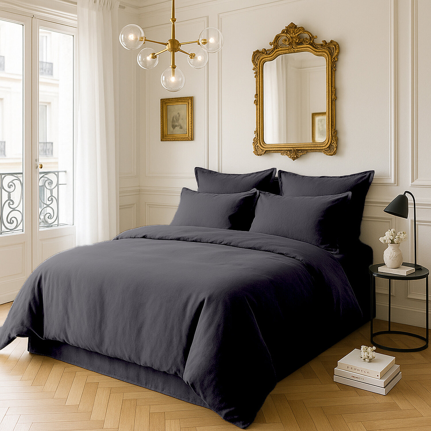 Drap Housse - Bonnet:30cm 100% Satin De Coton lavé 105 Fils Gris Fonce