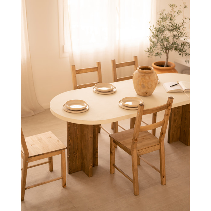 Table de salle à manger ovale en microciment blanc cassé avec pieds en chêne foncé en différentes tailles