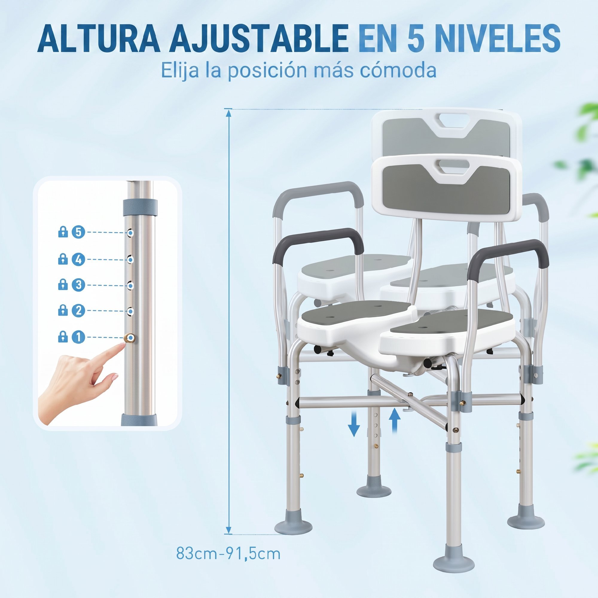 Silla Ducha Personas Mayores, Silla de Ducha con Asiento Ranurado, Altura Regulable, Taburete de Baño Antideslizante con Respaldo y Reposabrazos, Carga 136 kg, para Discapacitados, Gris
