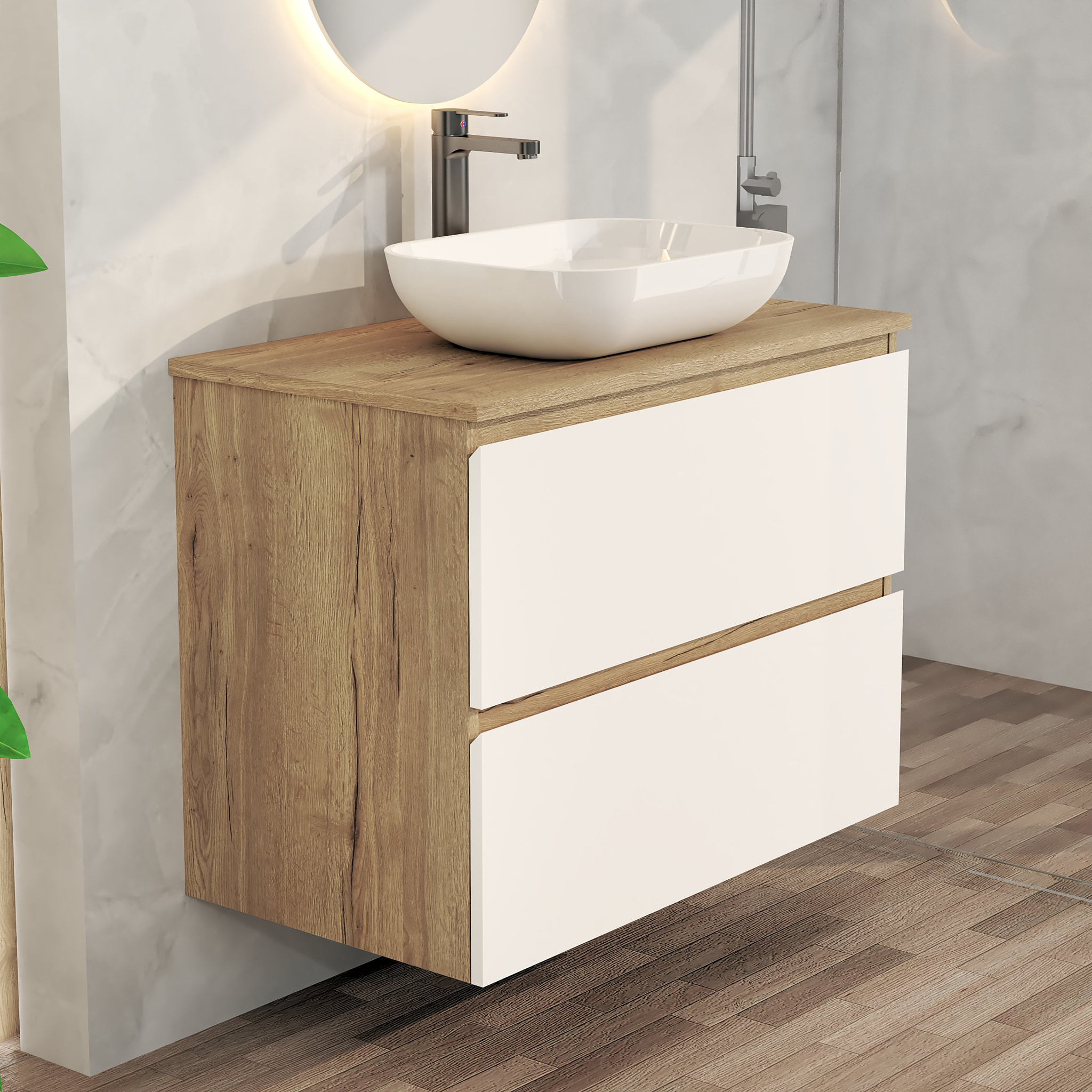 Conjunto de Baño Nia | Mueble Suspendido | 80 cm Blanco | Dos Cajones | Lavabo Sobrepuesto | No incluye Espejo | Mueble Montado| Alday