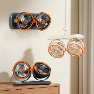 Ventilador modular F21. Con 2 ventiladores independientes, 5 velocidades por unidad y giro 360° vertical y horizontal. 3 niveles de iluminación y diseño versátil de sobremesa, pared, techo o uso portá