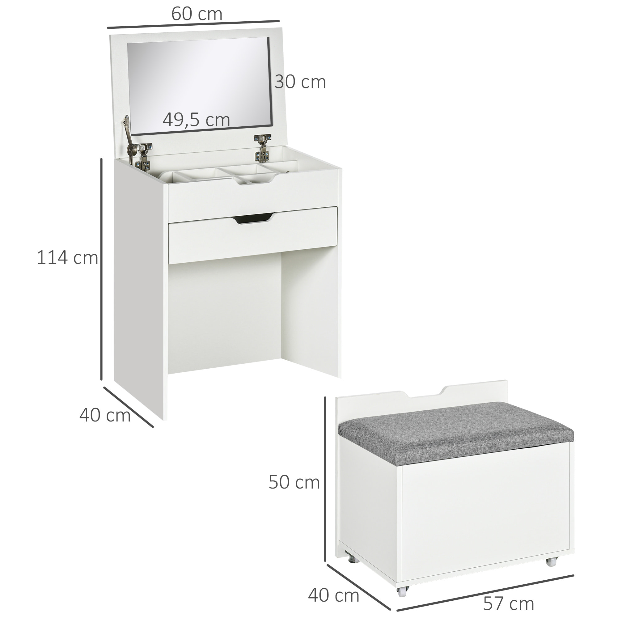 Tocador de Maquillaje con Taburete Oculto y Espejo Abatible, Mesa de Maquillaje con Cajón y 7 Compartimentos, Taburete Acolchado con Almacenamiento, para Espacios Reducidos, Vestidor, Blanco
