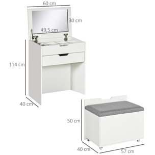 Tocador de Maquillaje con Taburete Oculto y Espejo Abatible, Mesa de Maquillaje con Cajón y 7 Compartimentos, Taburete Acolchado con Almacenamiento, para Espacios Reducidos, Vestidor, Blanco