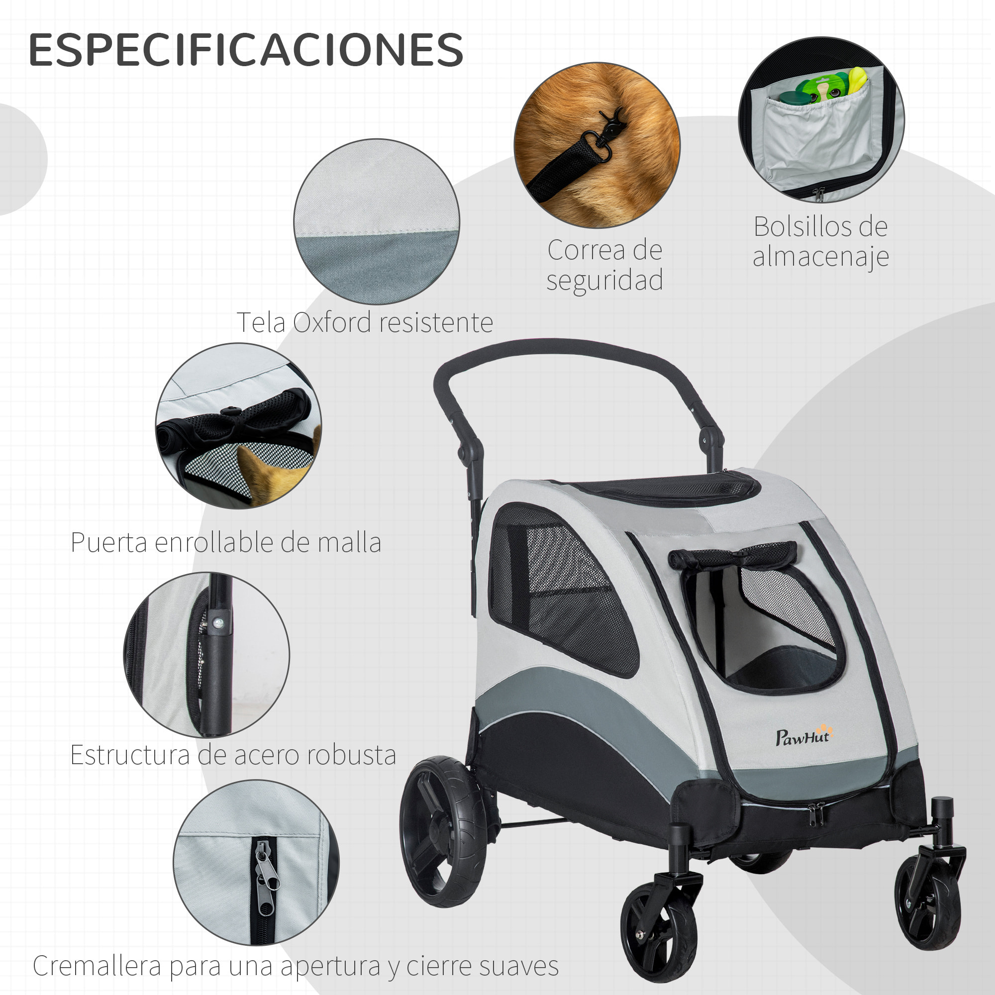 Cochecito para Perros Plegable Carrito para Mascotas con 5 Ventanas 2 Puertas Bolsillo de Almacenaje Correas de Seguridad y Frenos Tela Oxford 300D Acero 107x67x102 cm Gris