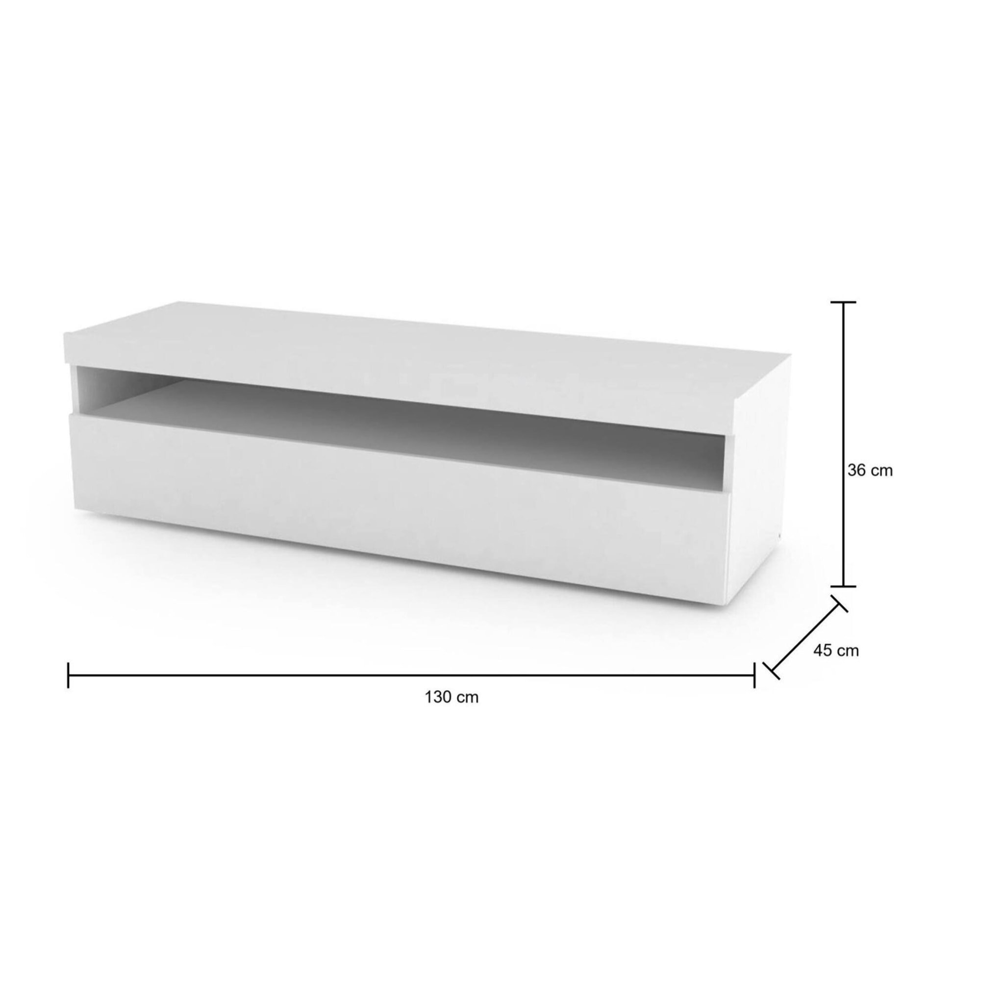 Mobile da soggiorno Porta TV, Made in Italy, Supporto per TV a 1 anta, Porta TV da salotto, cm 130x45h36, colore Bianco lucido