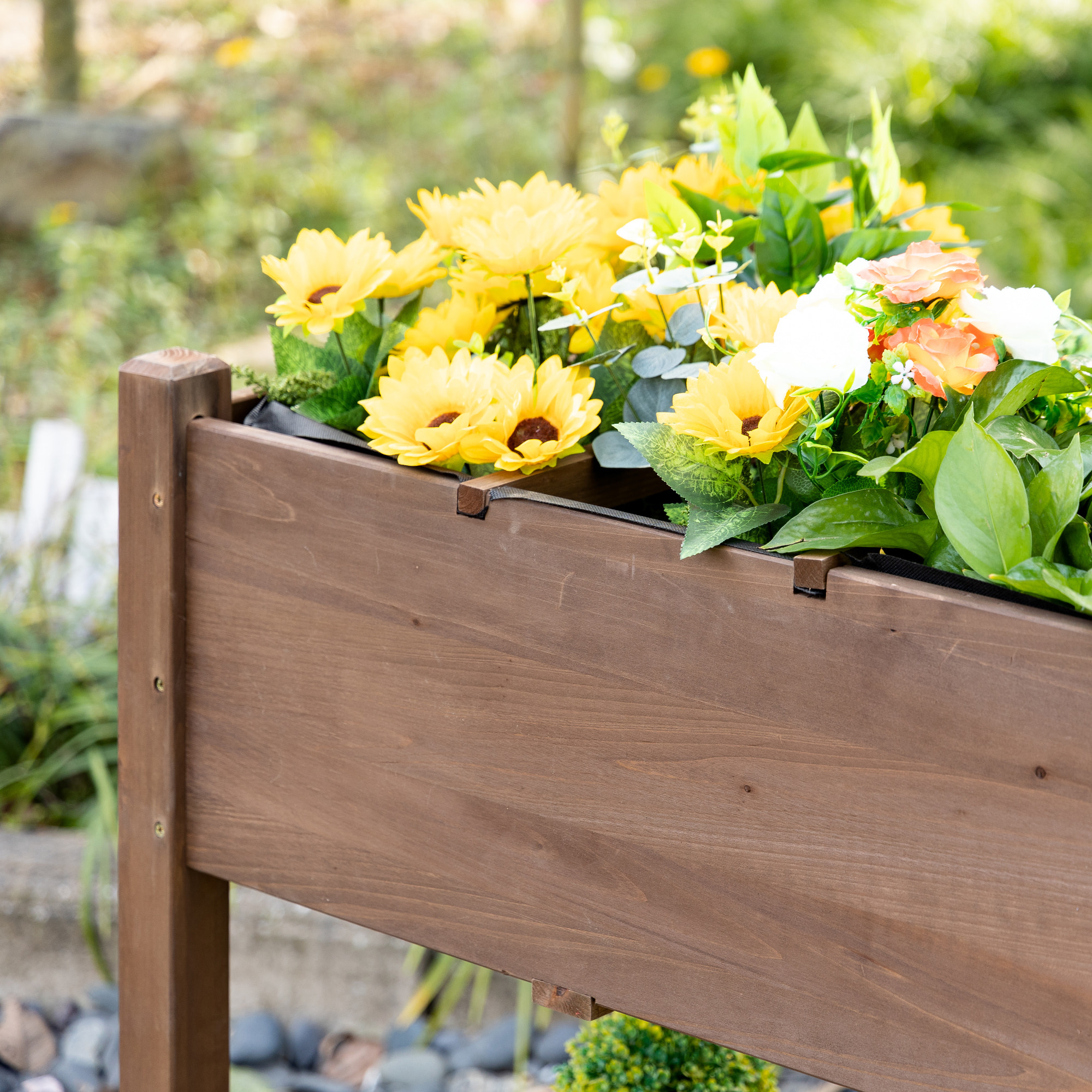 Jardinière sur pied - potager sur roulettes - étagère, tablette rabattable, inserts d'irrigation, feutre drainage - bois pré-huilé foncé