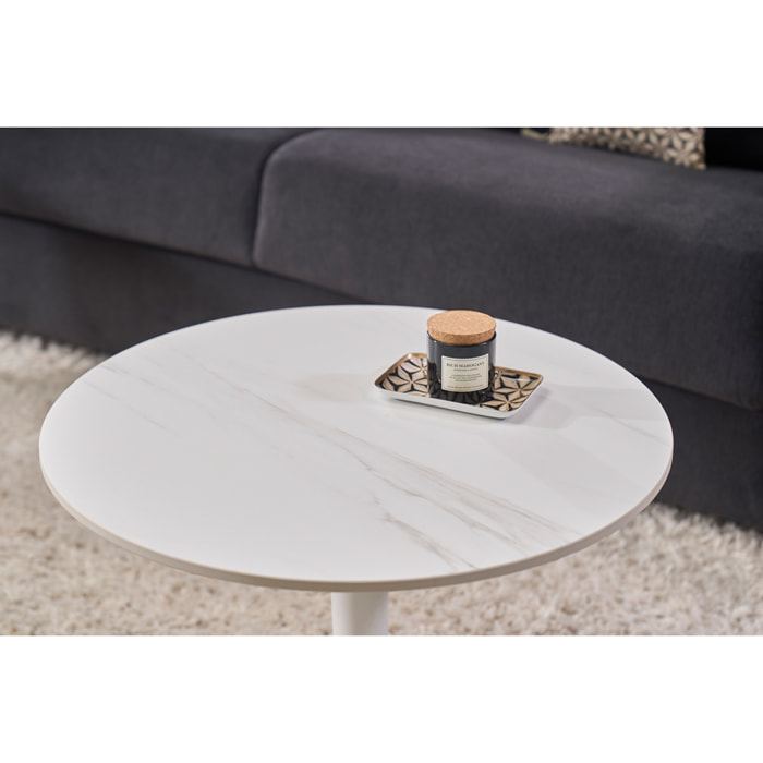 Table basse design ronde en céramique blanche et métal D60 cm MALOU