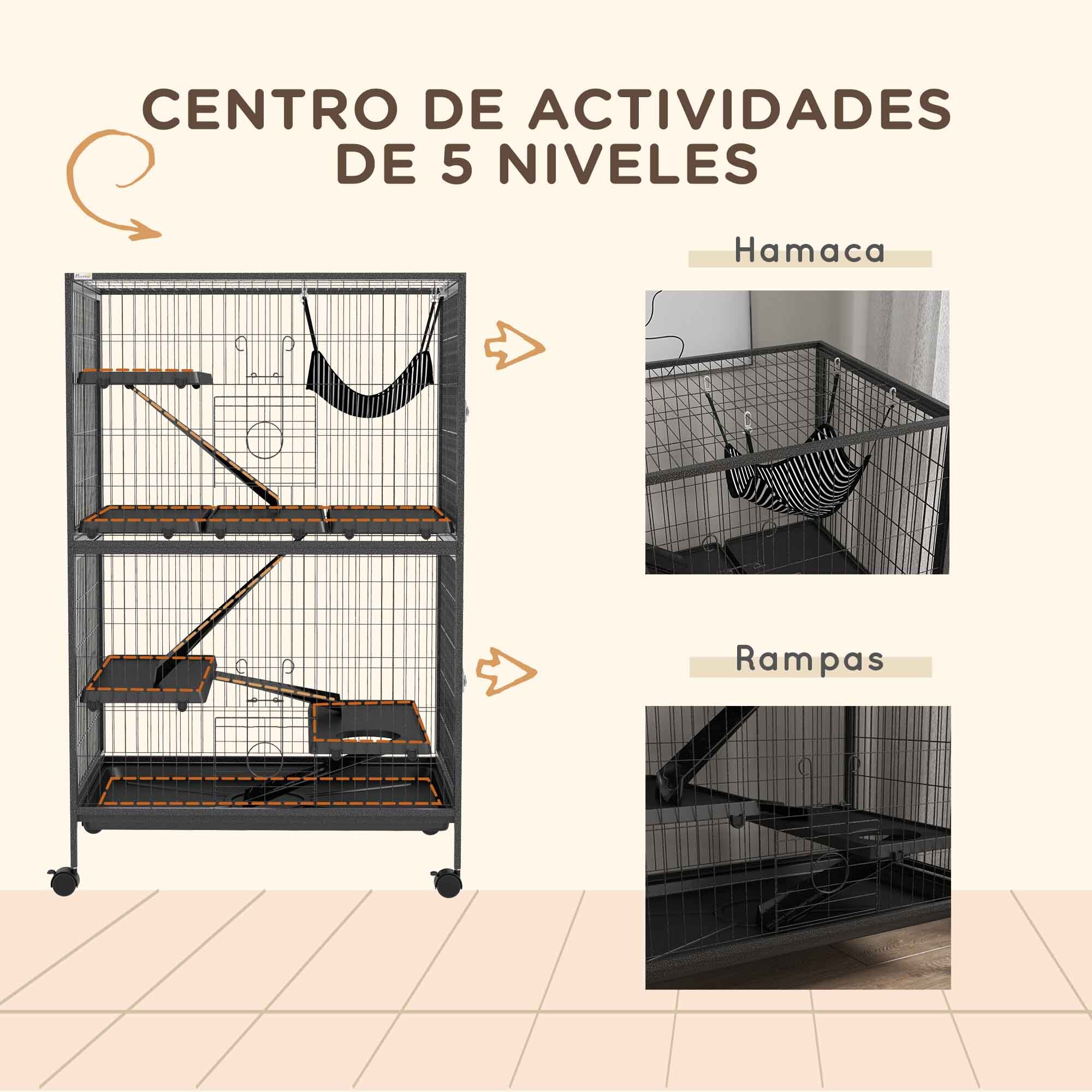 Jaula para Animales Pequeños de 4 Niveles Jaula para Roedores con Ruedas Rampas Hamaca Colgante y Bandeja Extraíble Recinto para Conejos Chinchillas Hurones 80x52x128 cm Gris Oscuro