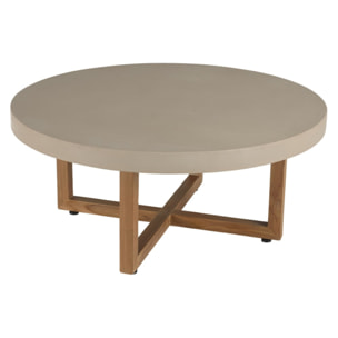DAK - Table basse ronde 92x92cm en béton beige pieds croisés en teck