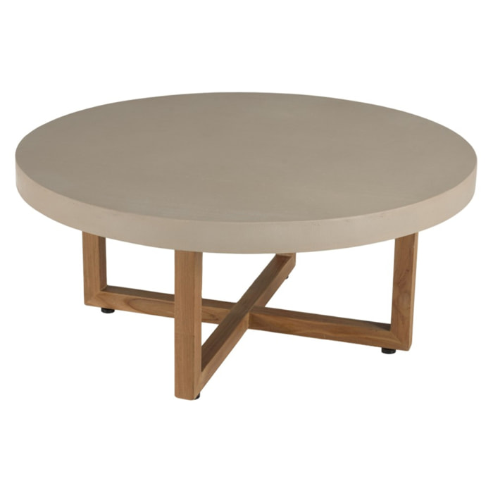 DAK - Table basse ronde 92x92cm en béton beige pieds croisés en teck