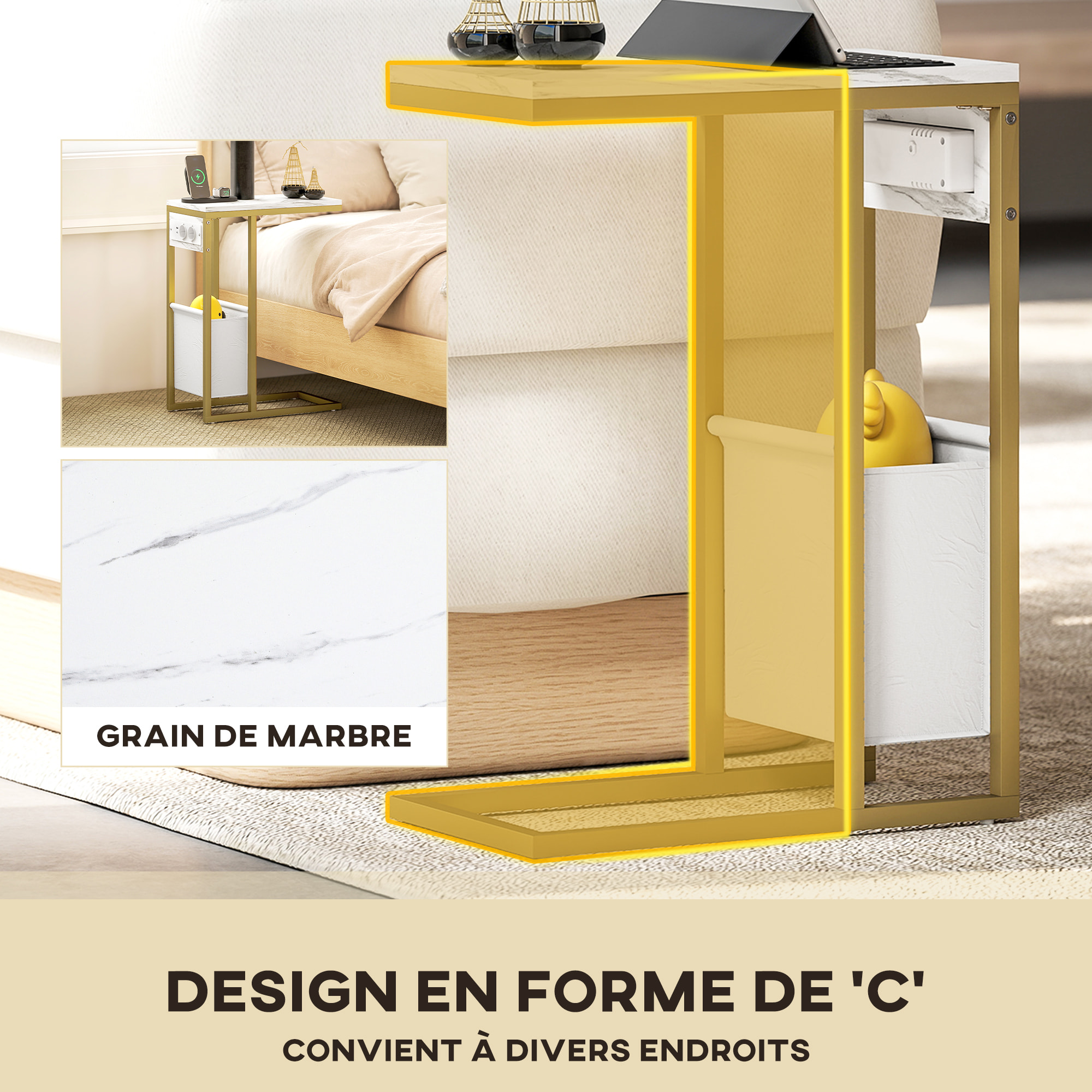 Table d'appoint avec station de charge secteur + USB - panier tissu intégré - acier doré effet marbre blanc