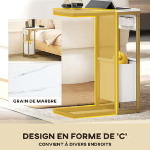 Table d'appoint avec station de charge secteur + USB - panier tissu intégré - acier doré effet marbre blanc