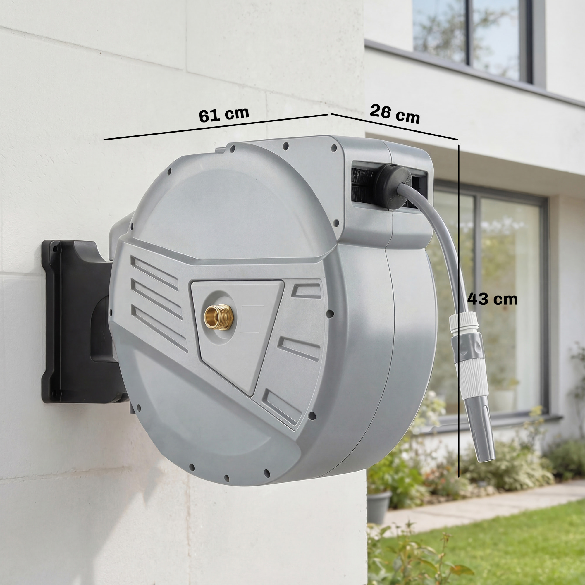 Dévidoir mural enrouleur automatique pivotant 180° tuyau 40 + 2 m avec lance arrosage 2 modes support mural intégré gris clair