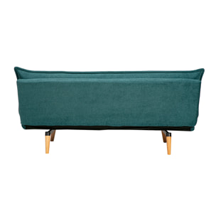 Canapé convertible 3 places en tissu chenille bleu canard et bois clair BINGO