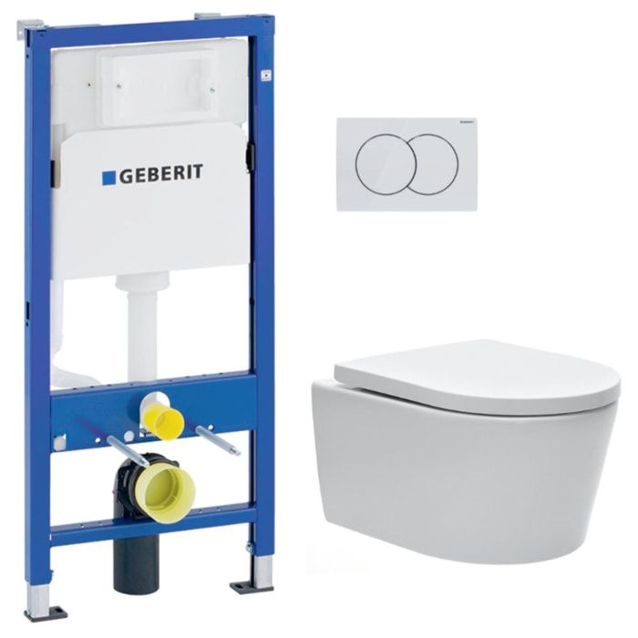 Pack WC sans bride, fixations invisibles + Abattant softclose + Bâti support Geberit UP100 + Plaque Delta 01 Blanche