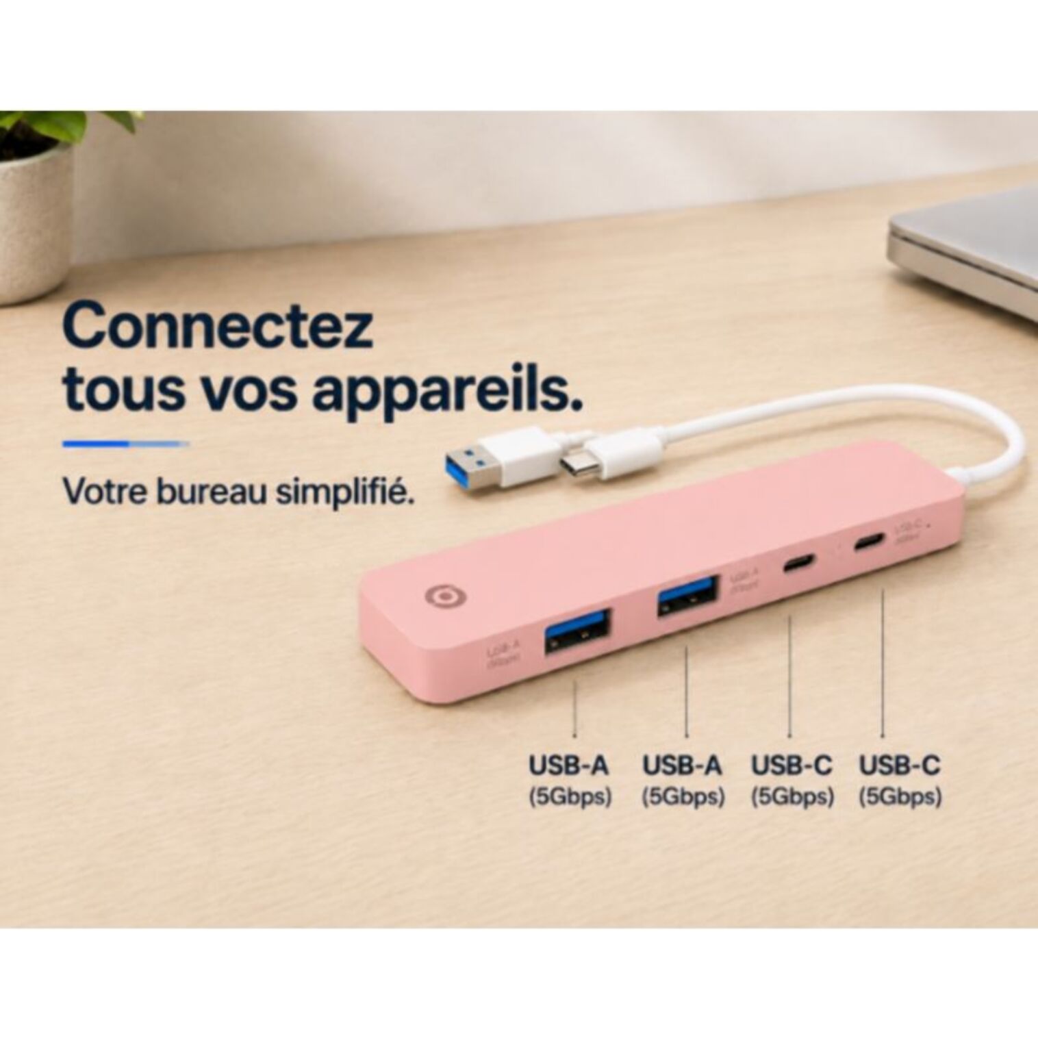 Hub USB C ESSENTIELB 4 en 1 USB-C Rose - Vr