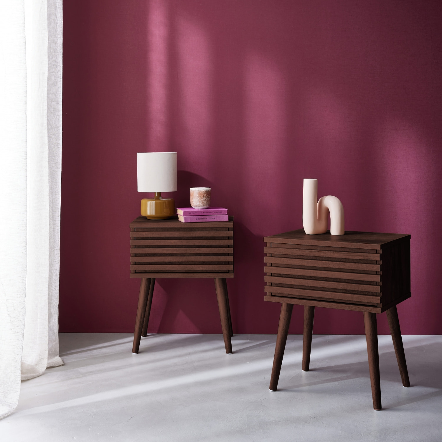 Table de chevet scandinave en décor bois rainuré 1 tiroir (lot de 2) MADERE
