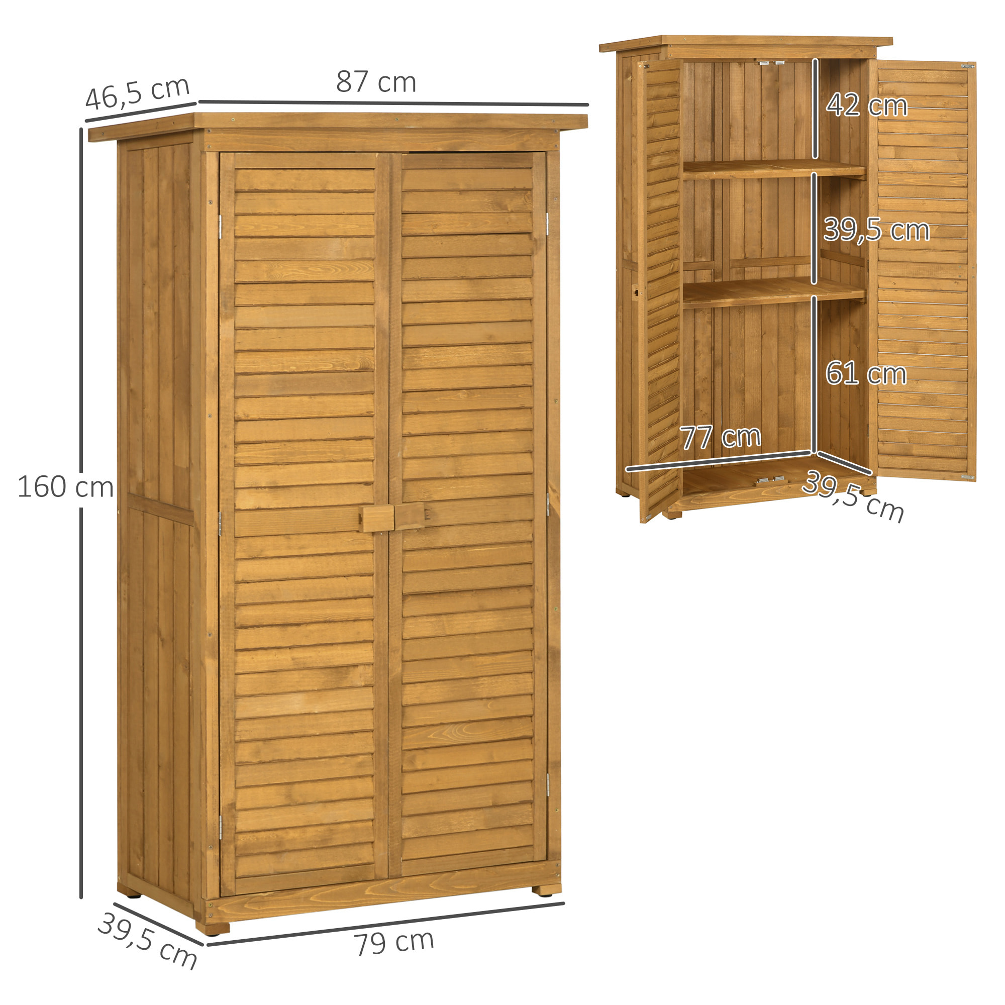 Cobertizo de Madera 0,31 m² 87x46,5x160 cm Armario Exterior de Madera con 2 Puertas y 2 Estantes Interior Natural