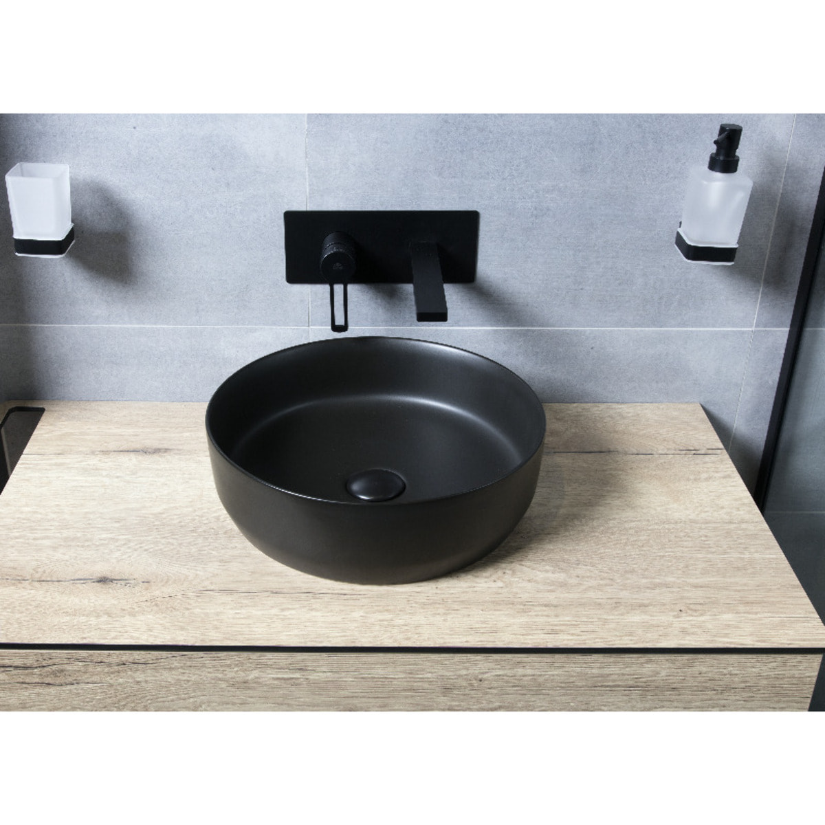 Set vasque à poser 39x39x12cm sans trop-plein + bonde à écoulement libre Infinitio noir mat SetSATINF-noir