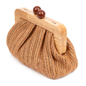 BeneLario Bolso bandolera Mujer. Tela con detalles de madera natural y piel sintética.