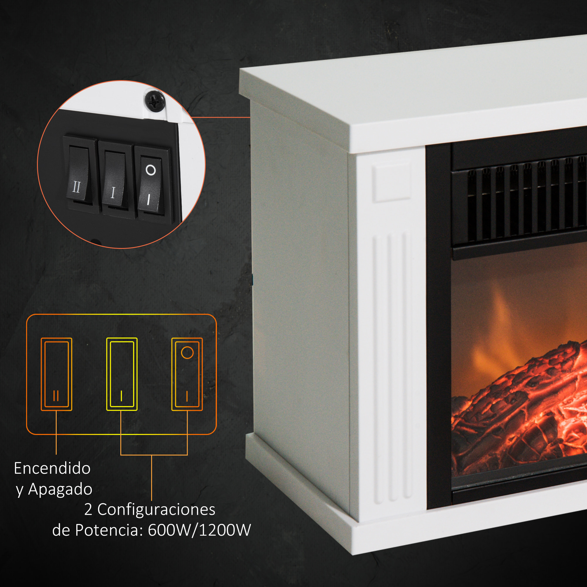 Chimenea Eléctrica Portátil Mini Estufa Calefactor 600/1200W Llama Decorativa